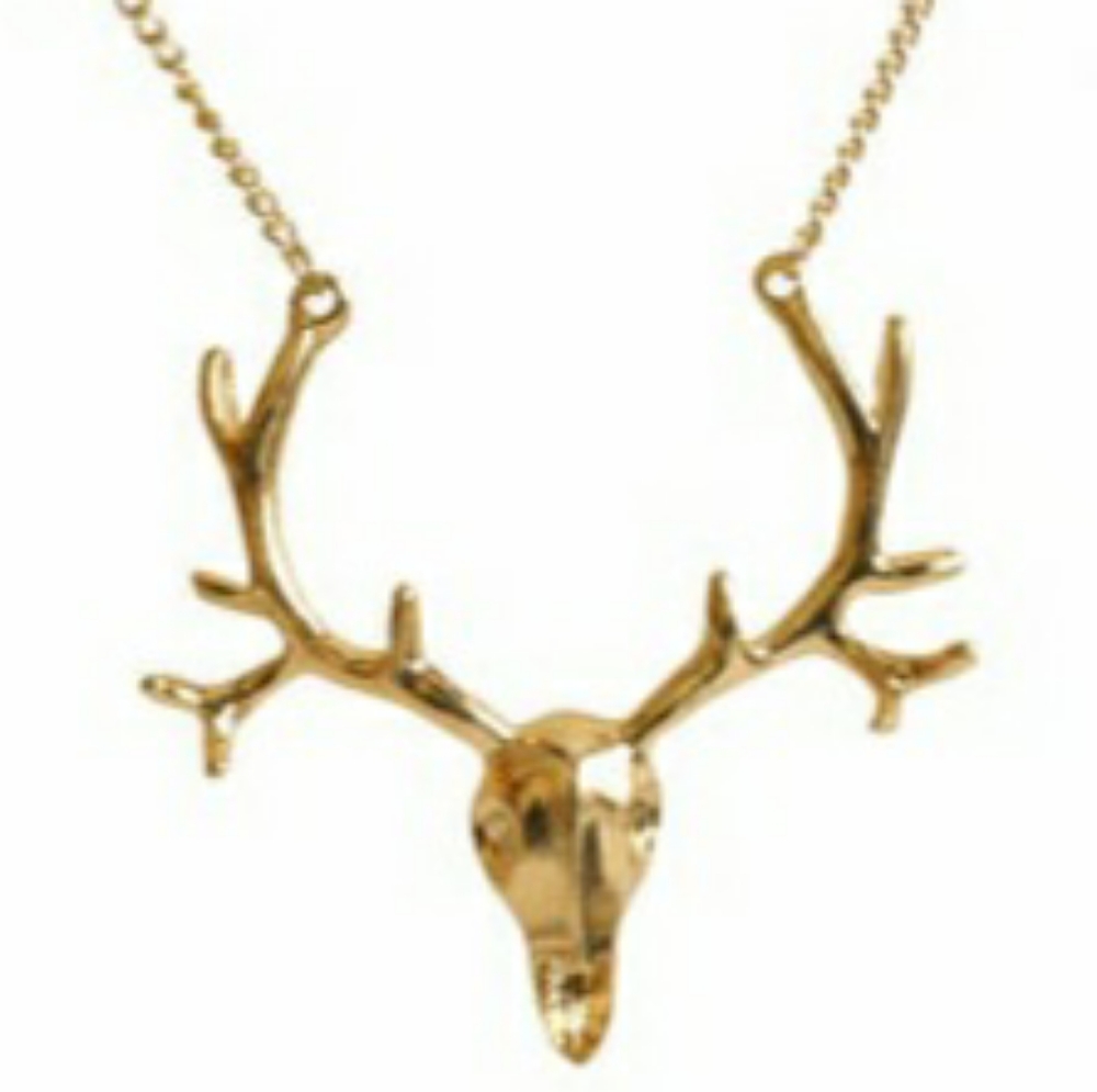 Gold Deer Skull Head Antlers Necklace NIB